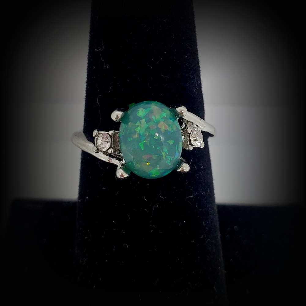 Sterling Silver Oval Cut Teal Opalescent Ring